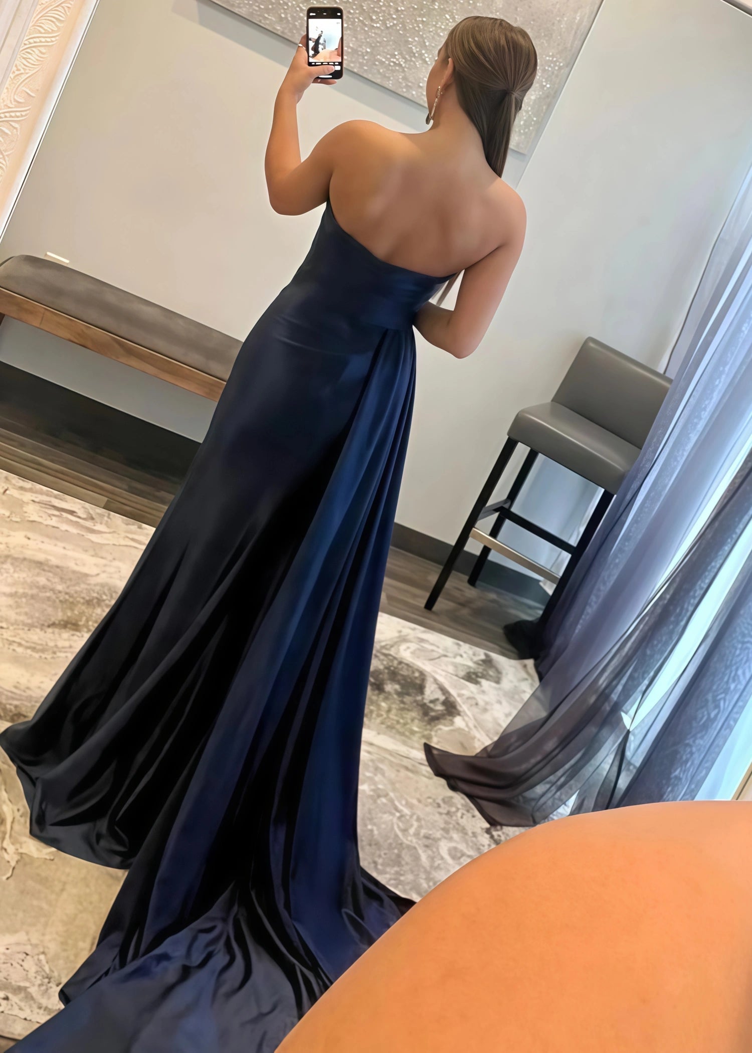 Claire | Long Navy Blue Prom Dress Satin With Mermaid Sweetheart Slit - Navy Blue - PromDressClub