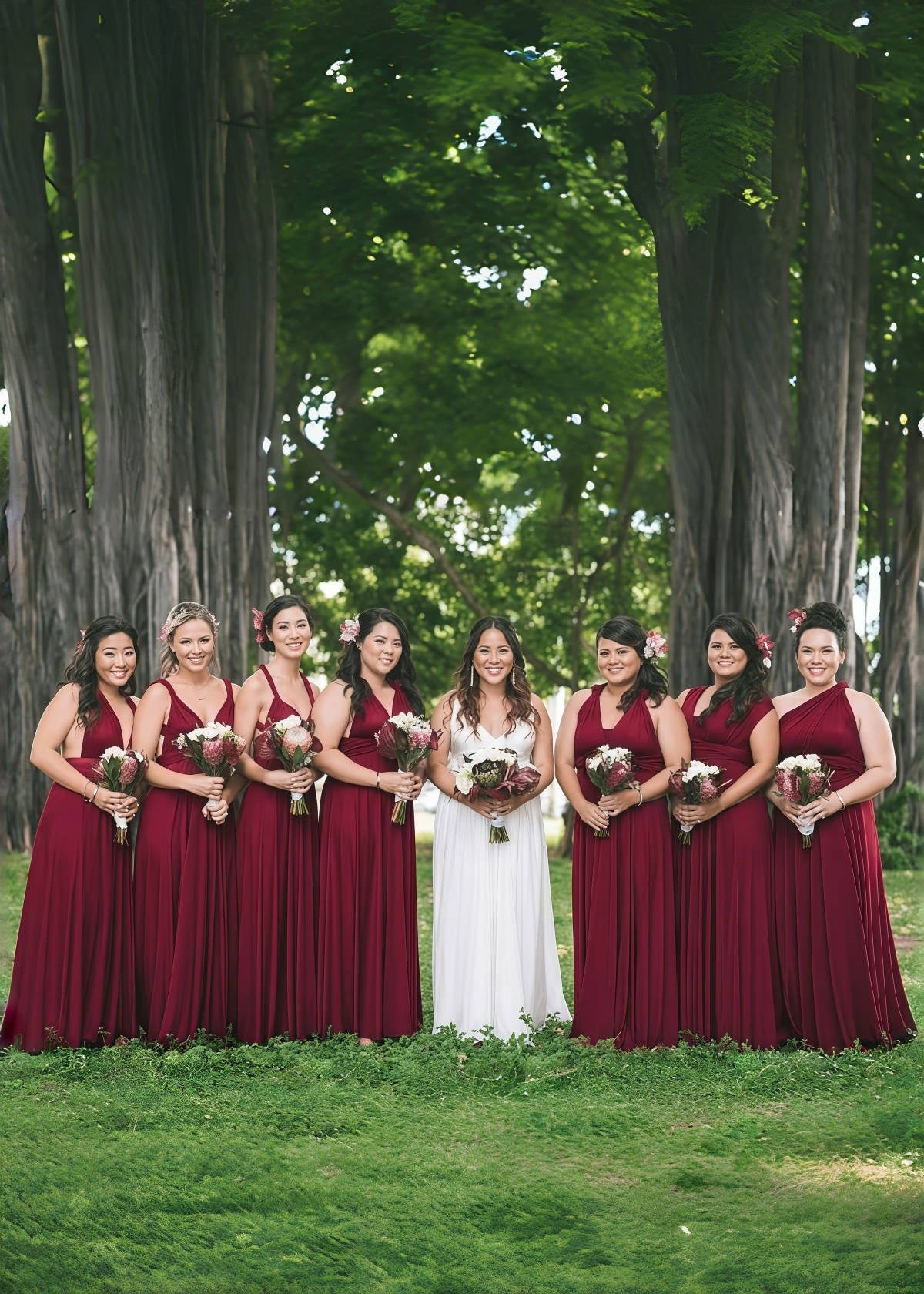 Clara | Blessed Romance Convertible Burgundy Chiffon Maxi Bridesmaid Dress with Multiway Infinity - Burgundy - PROMDRESS Club