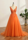 Constance |A Line V Neck Orange Princess Long Prom Dress with Appliques - Orange - US0 - PromDressClub