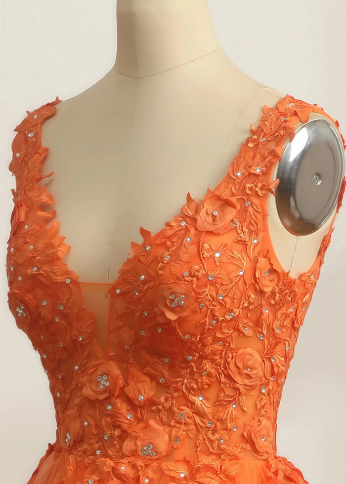 Constance | Ball - Gown/Princess Orange Light Pink A Line Backless V Neck Formal Dress - Orange - PromDressClub