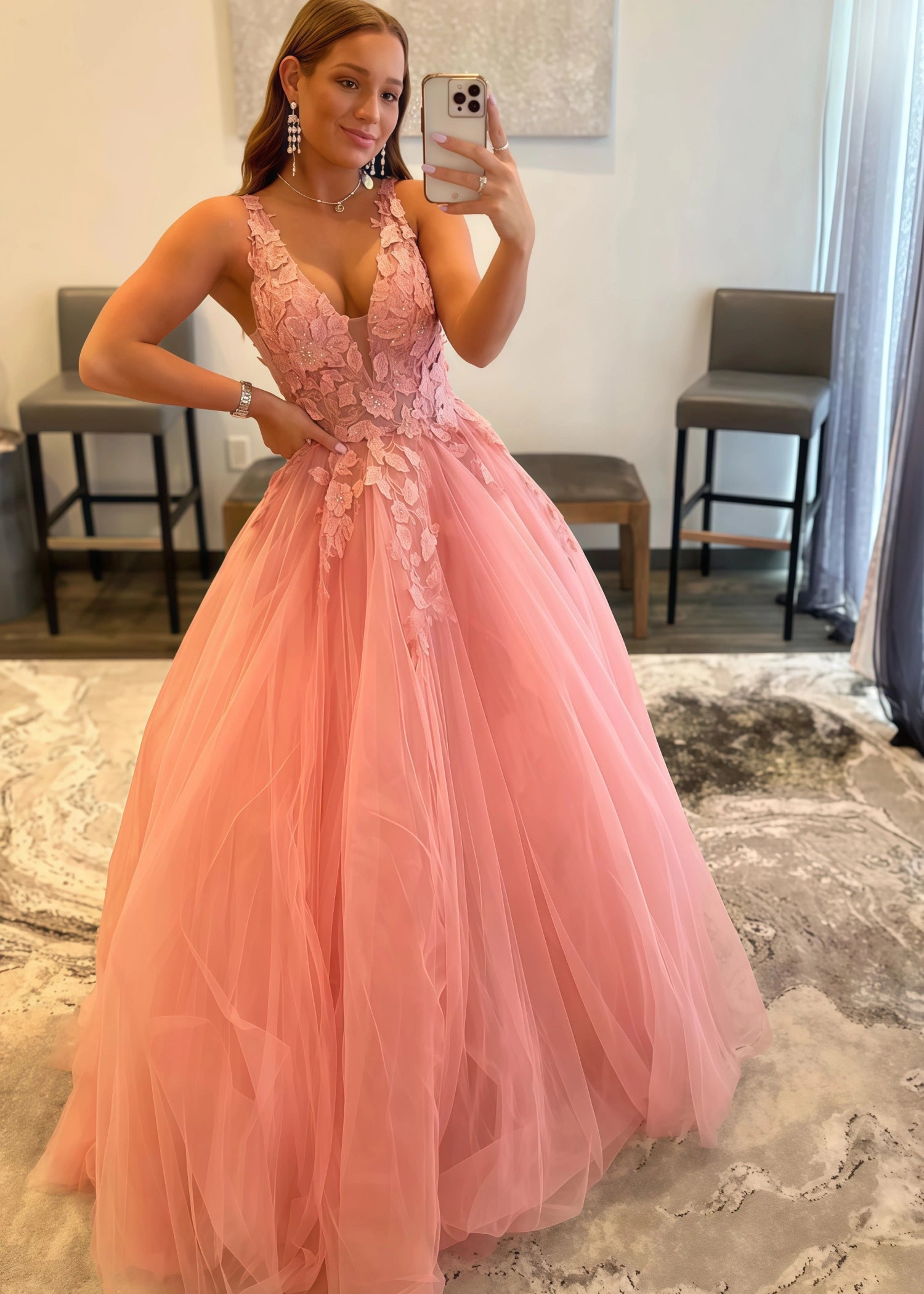 Constance |A Line V Neck Orange Princess Long Prom Dress with Appliques - Pink - US0 - PromDressClub