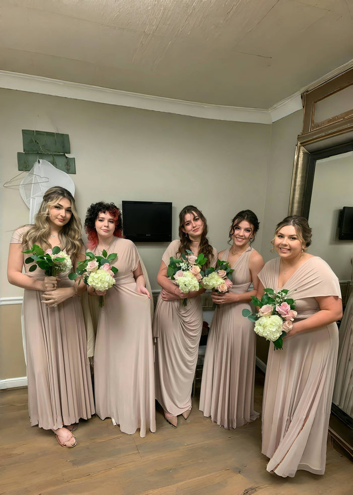 Cora | Most Beautiful Day Beige Champagne Infinity Chiffon Maxi Bridesmaid Dress with Multiway Convertible - Price #price_variant_lowest# - Beige - PromDressClub