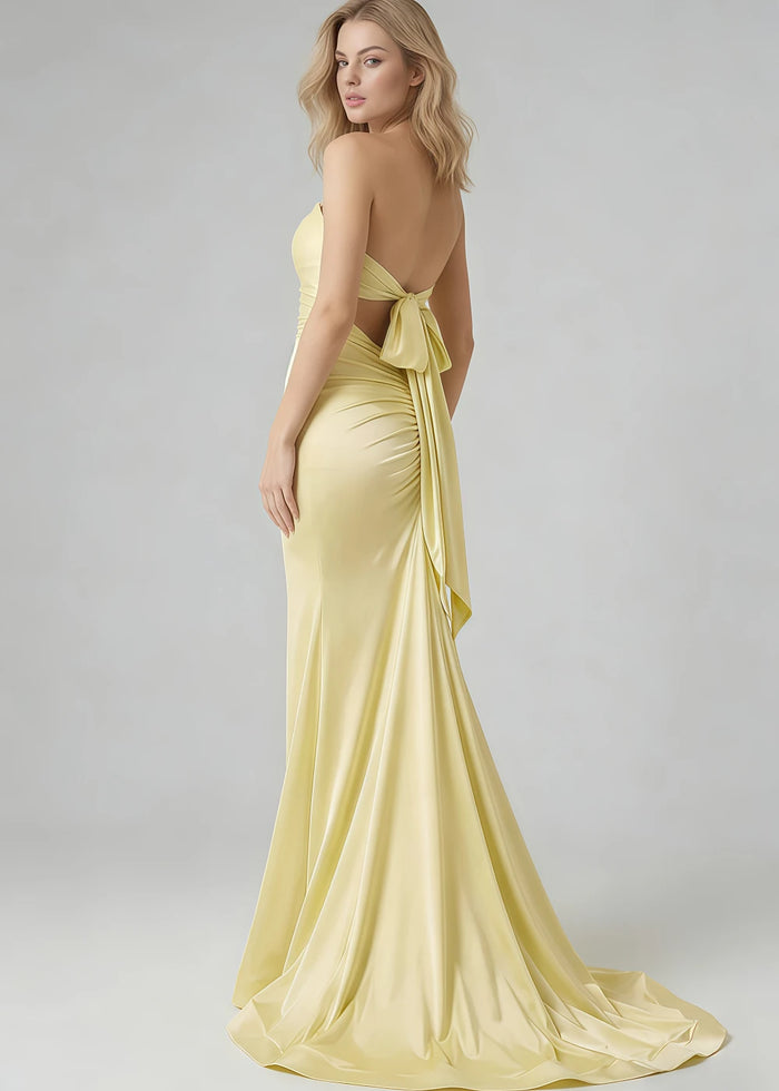 Cora Yellow Strapless Prom Dress with Cutouts | Mermaid Sweetheart Neckline Backless Pleated Satin Formal Dress with Bow - Yellow - PromDressClub