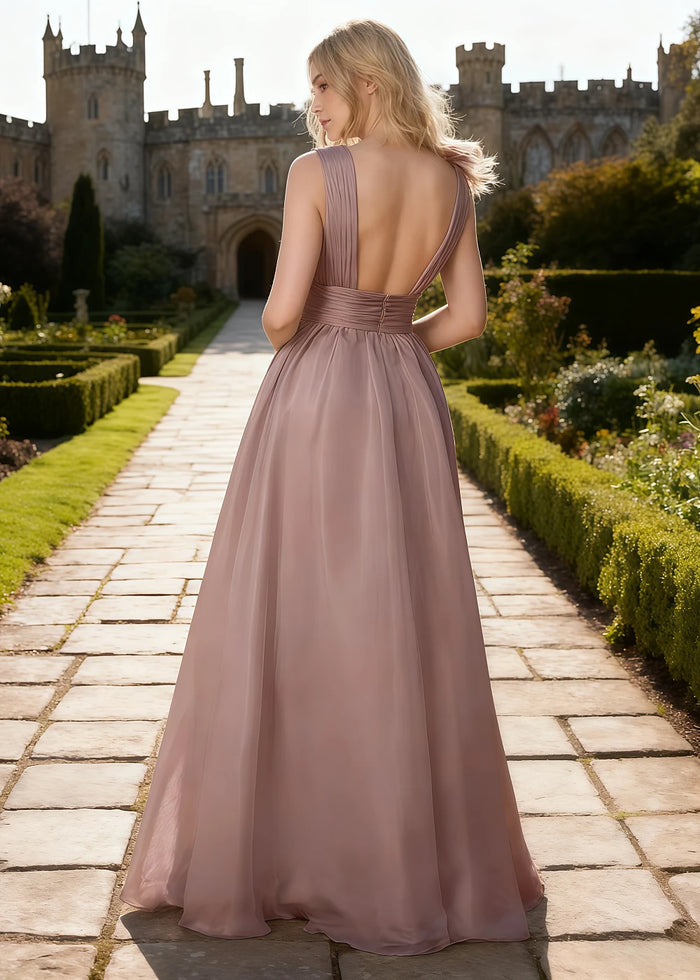 Coral Dusty Rose Chiffon Prom Dress Ruffles | A - Line V - Neck Floor Length Backless Formal Dress - Dusty Rose - PromDressClub