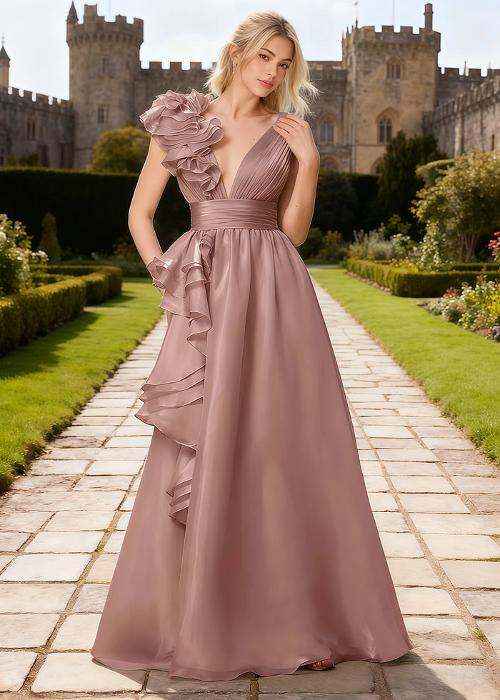 Coral Dusty Rose Chiffon Prom Dress Ruffles | A - Line V - Neck Floor Length Backless Formal Dress - Dusty Rose - PromDressClub