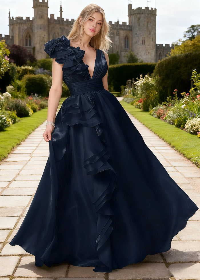 Coral Navy Blue Chiffon Prom Dress Ruffles | A - Line V - Neck Floor Length Backless Formal Dress - Navy Blue - PromDressClub