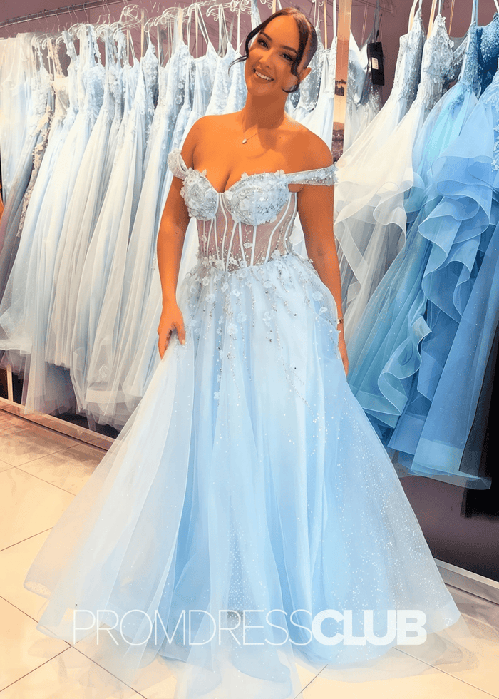 Coral |Blue Prom Dresses Plus Size Long A Line Off The Shoulder Sparkly Lace Corset - Sky Blue - PromDressClub