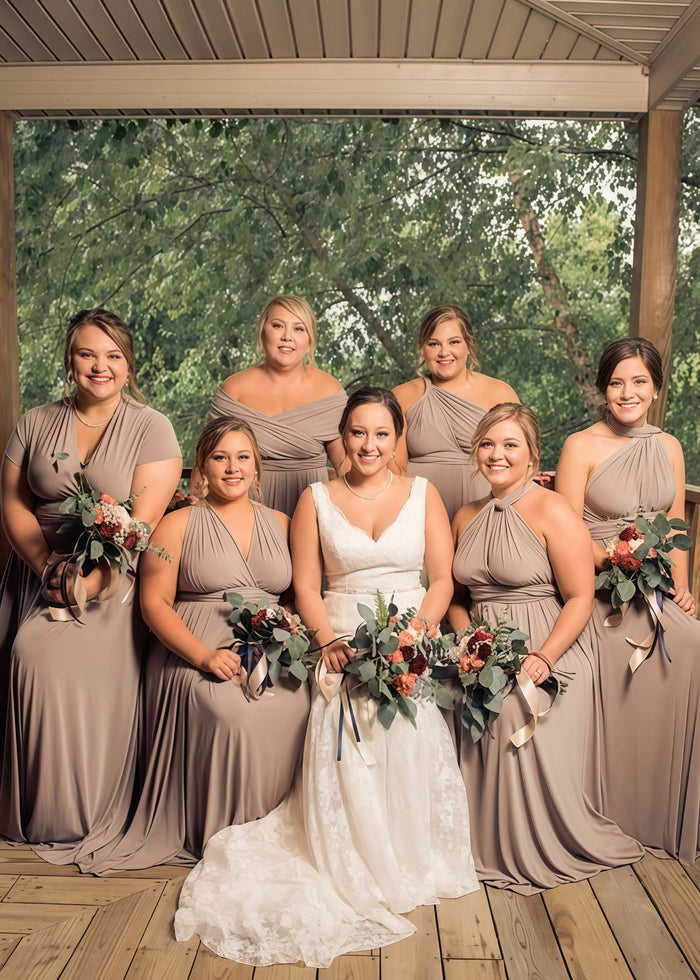 Coral | Ethereal Elegance Convertible Taupe Chiffon Maxi Bridesmaid Dress with Multiway Infinity - Price #price_variant_lowest# - Champagne - PromDressClub