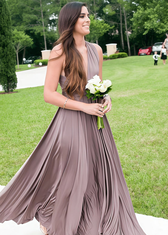 Coral | Ethereal Elegance Convertible Taupe Chiffon Maxi Bridesmaid Dress with Multiway Infinity - Price #price_variant_lowest# - Taupe - PromDressClub