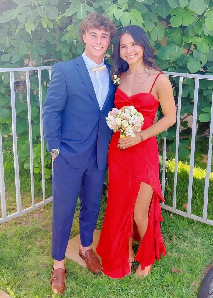 Cordelia | Stunning Yellow Chiffon Slit Prom Dress with Ruffles – Your Show - Stopper for Prom Night - Red - PromDressClub