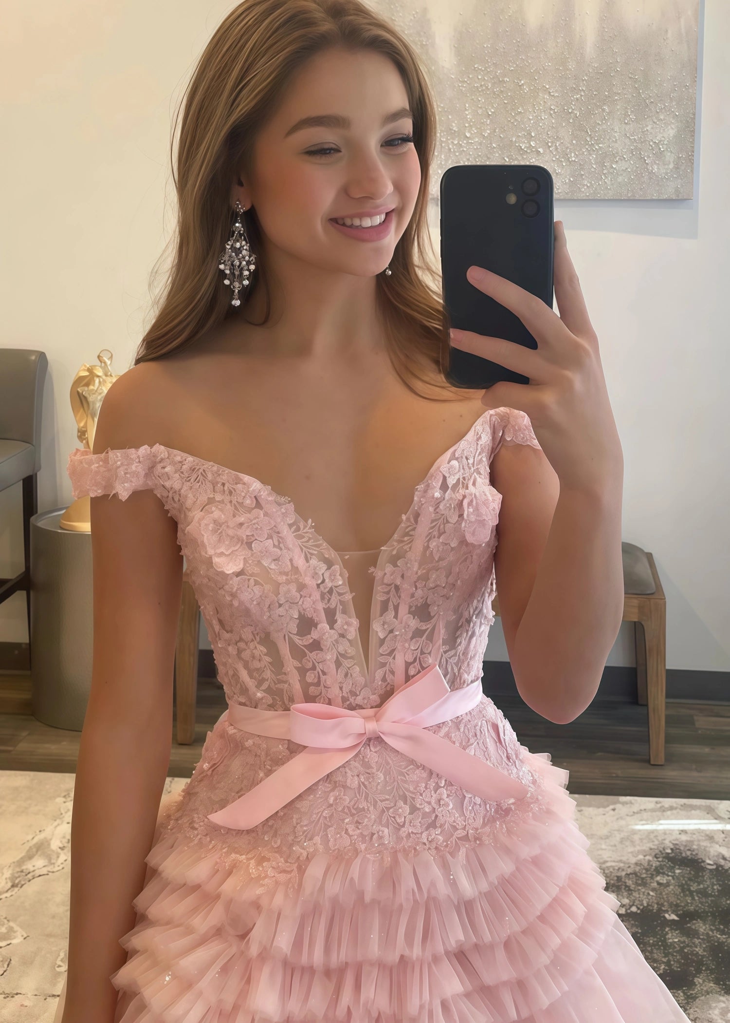 Cornelia | Long Light Pink Prom Dress Tulle With Princess A Line Off the Shoulder Ruffles - Light Pink - PromDressClub