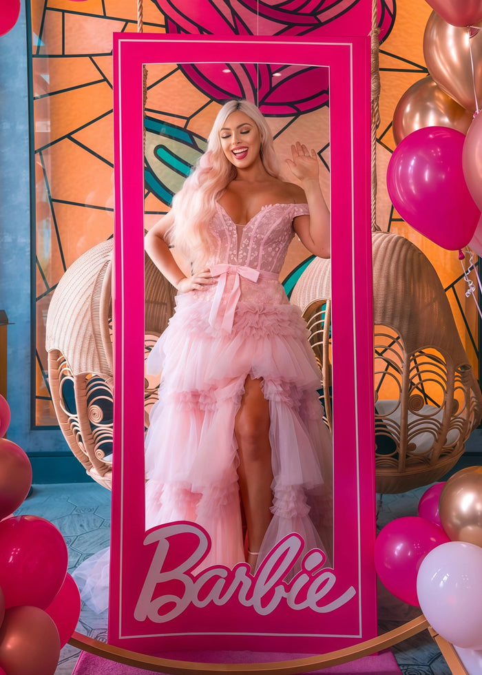 Cornelia | Long Light Pink Prom Dress Tulle With Princess A Line Off the Shoulder Ruffles - Light Pink - PromDressClub