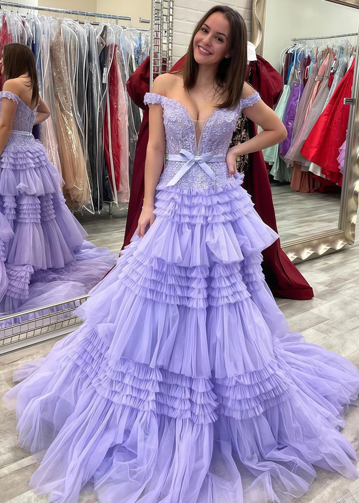 Cornelia | Long Light Pink Prom Dress Tulle With Princess A Line Off the Shoulder Ruffles - Lilac - PromDressClub