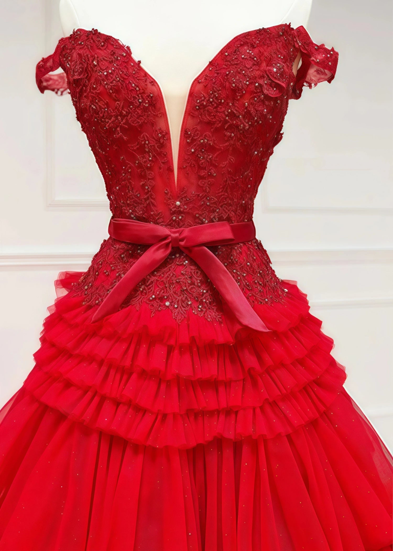 Cornelia | Long Light Pink Prom Dress Tulle With Princess A Line Off the Shoulder Ruffles - Red - PromDressClub