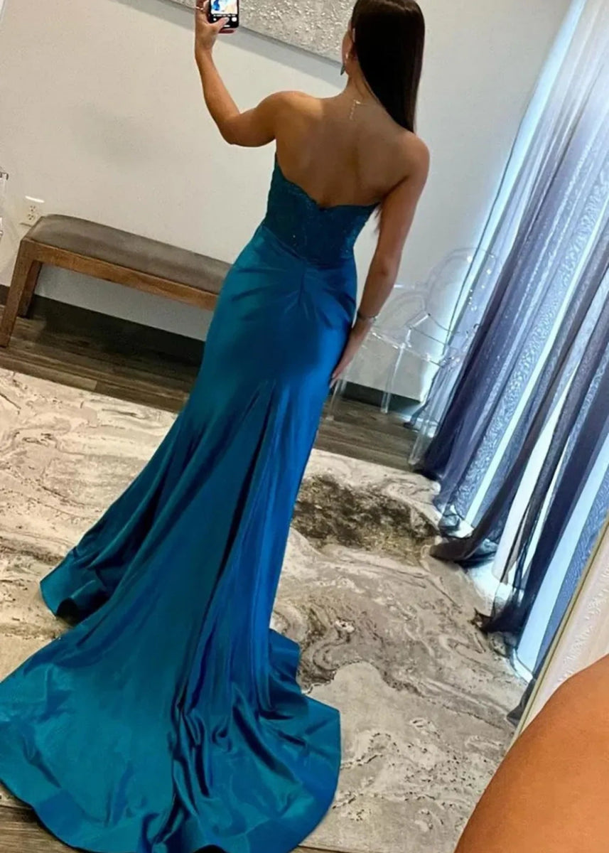 Crystal | Mermaid Navy Blue and Black Lace Strapless Corset Prom Dress with Slit - Royal Blue - PromDressClub