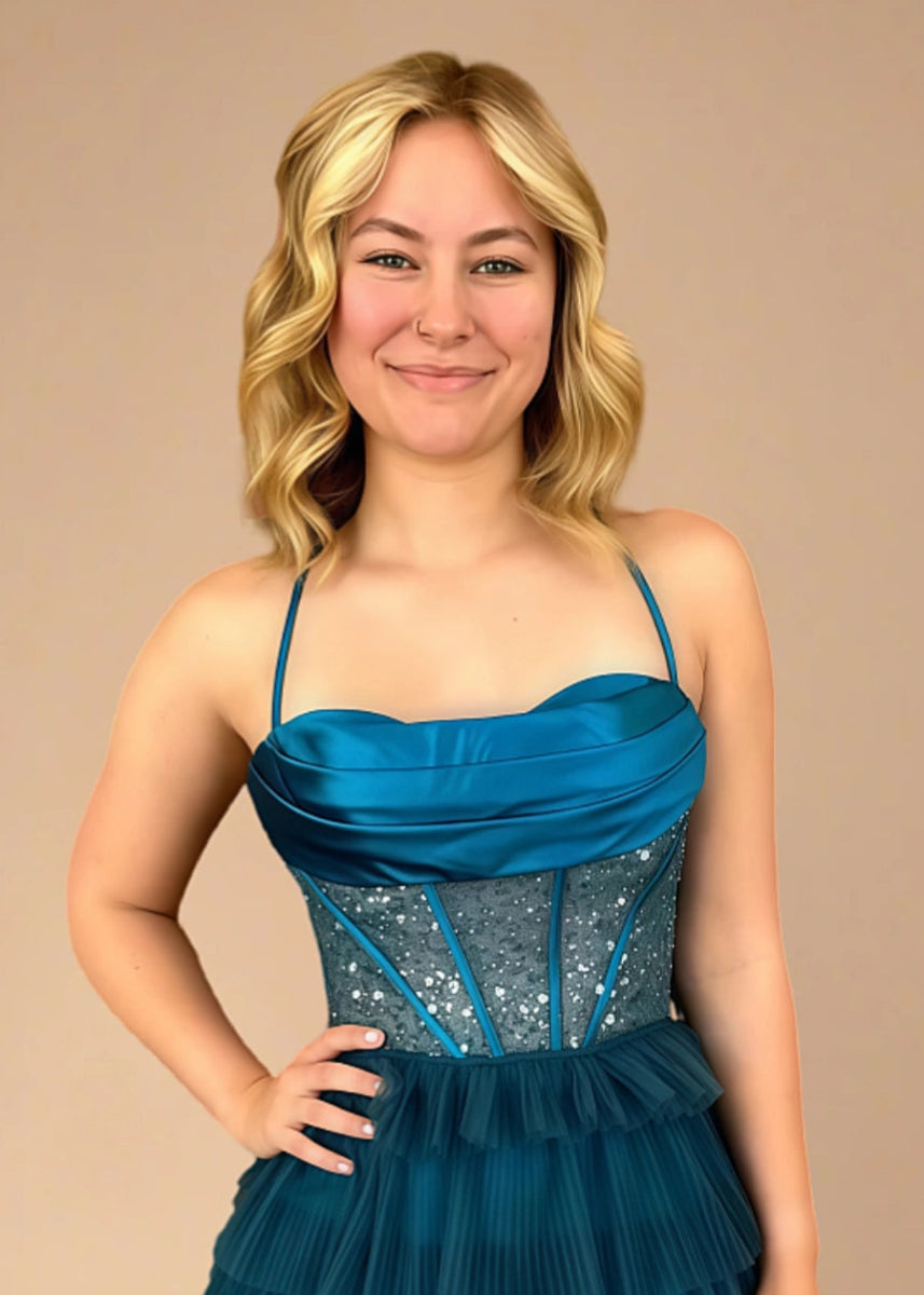Cyane | Command Attention: Teal Homecoming Dress with Corset & Cascading Pleats - Teal - PromDressClub
