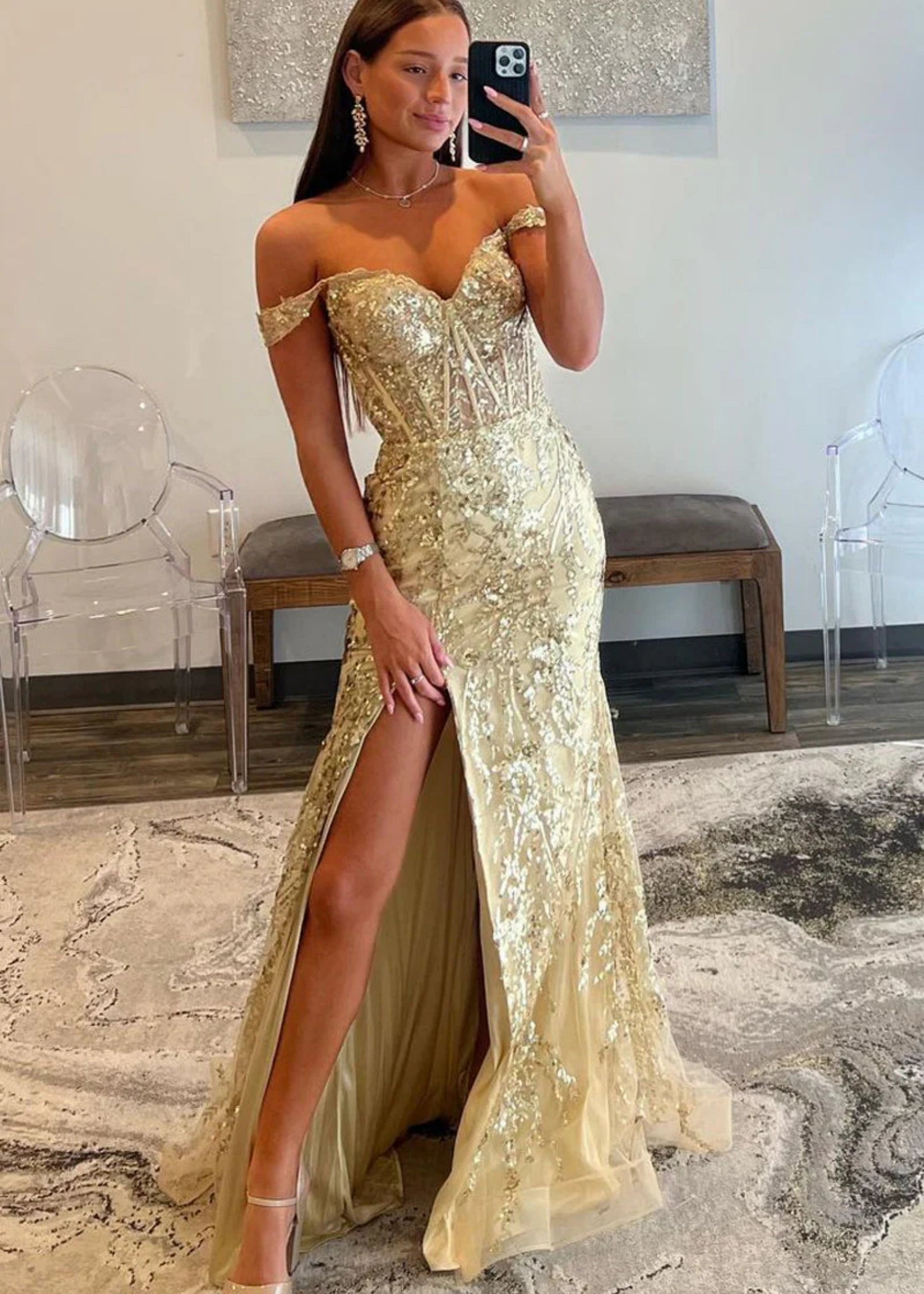 Cynthia | Off the Shoulder Gold Mermaid Sequin Corset Prom Dress with Slit - Gold - PromDressClub