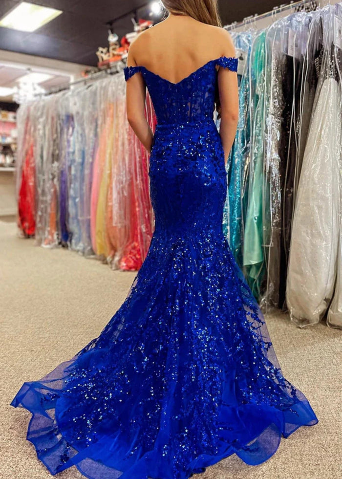 Cynthia | Off the Shoulder Gold Mermaid Sequin Corset Prom Dress with Slit - Royal Blue - PromDressClub
