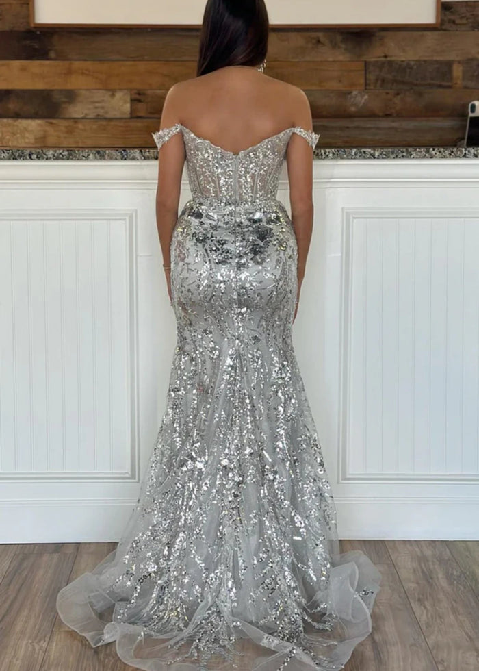 Cynthia | Off the Shoulder Gold Mermaid Sequin Corset Prom Dress with Slit - Silver - PromDressClub