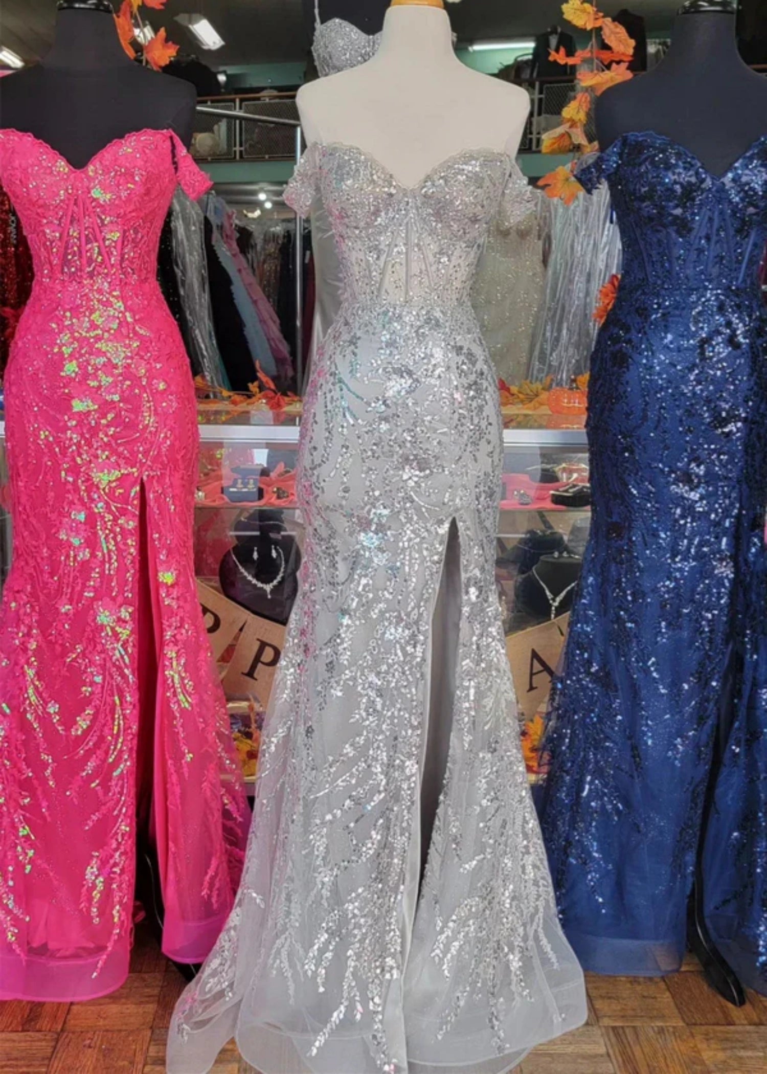 Cynthia | Off the Shoulder Gold Mermaid Sequin Corset Prom Dress with Slit - Silver - PromDressClub