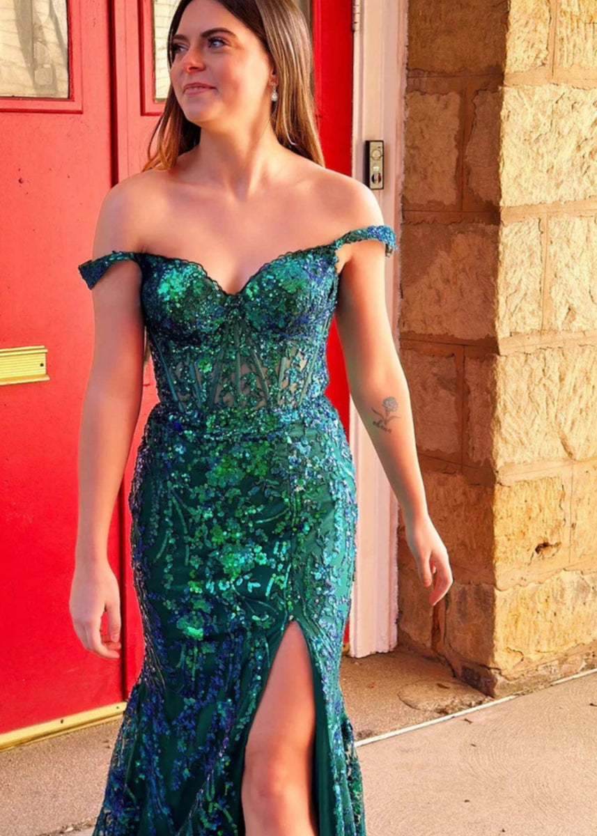 Cynthia | Off the Shoulder Gold Mermaid Sequin Corset Prom Dress with Slit - Emerald Green - PromDressClub