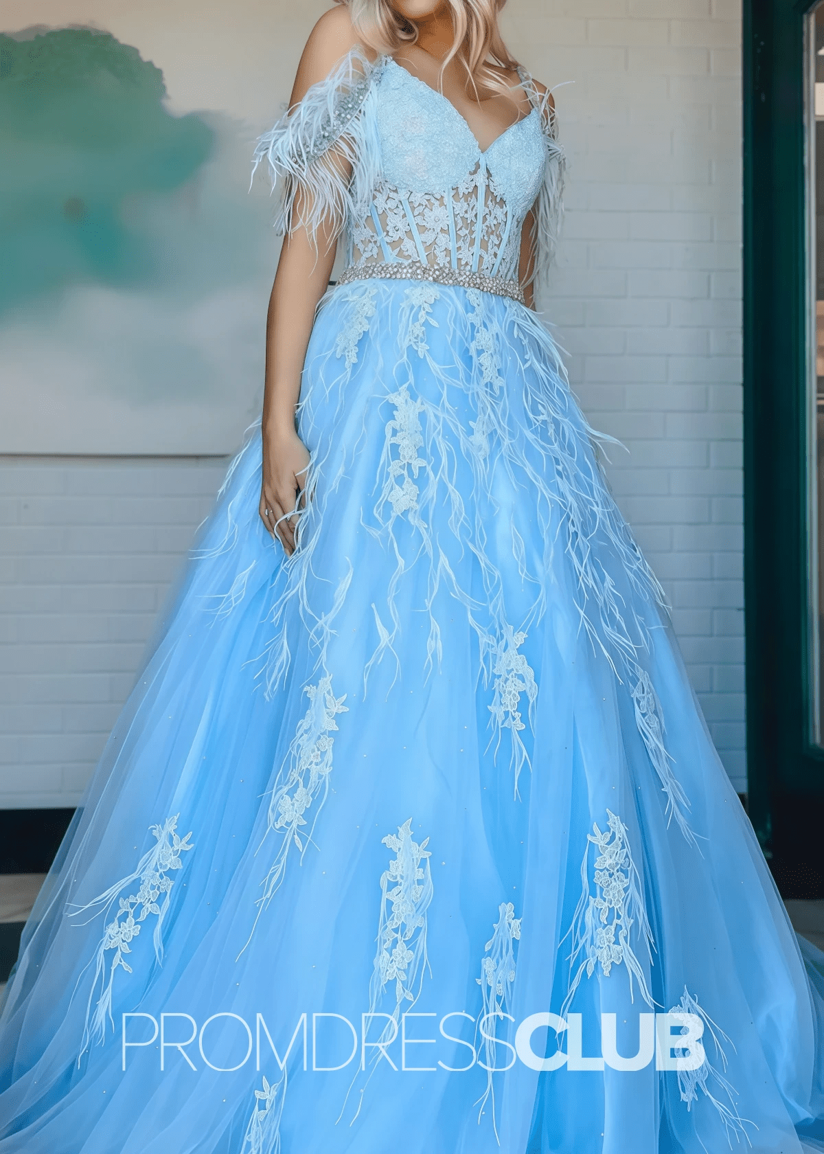 Daisy | Blue Prom Dresses Long Ball Gown A - Line Off the Shoulder Appliques with Feather - Blue - PromDressClub