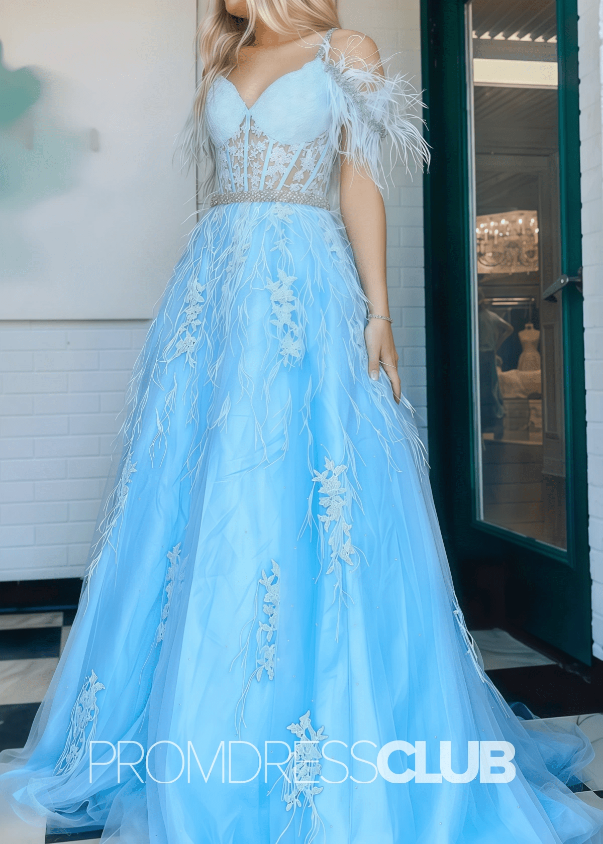 Daisy | Blue Prom Dresses Long Ball Gown A - Line Off the Shoulder Appliques with Feather - Blue - PromDressClub