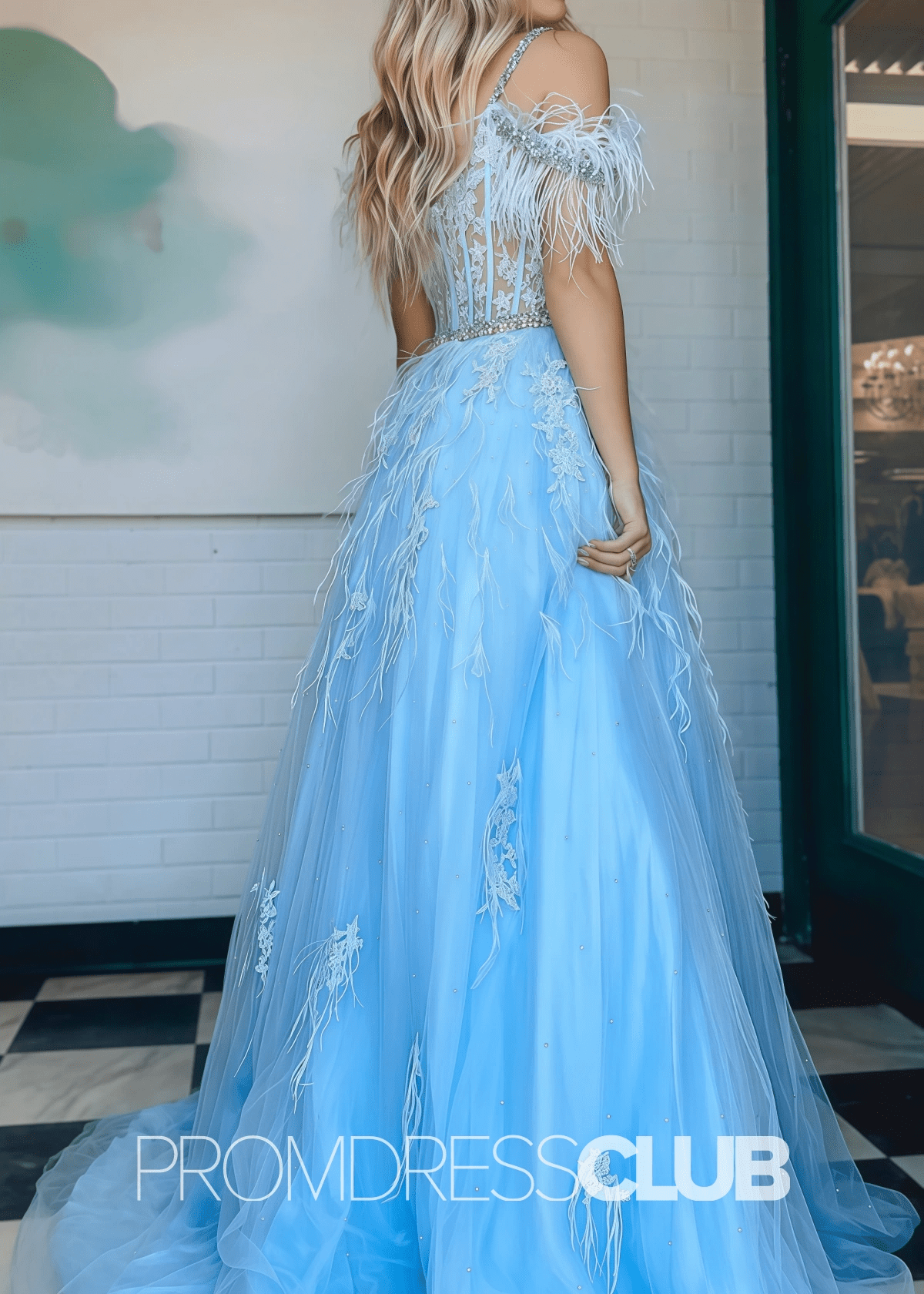 Daisy | Blue Prom Dresses Long Ball Gown A - Line Off the Shoulder Appliques with Feather - Blue - PromDressClub