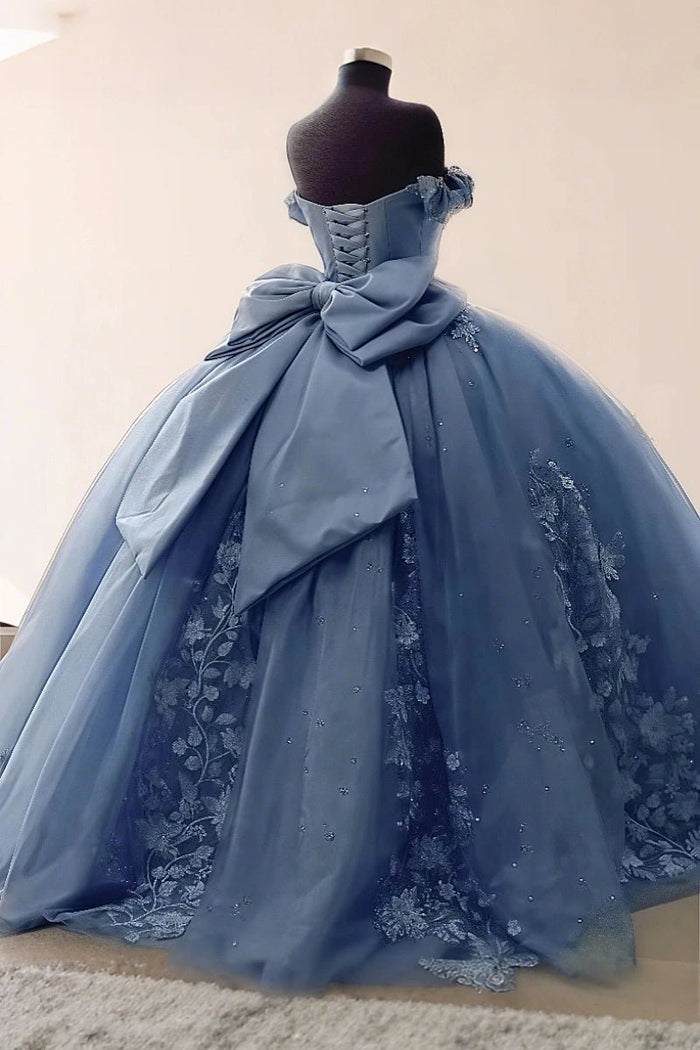 Daisy | Dusty Blue Quinceanera Dresses with Flowers - Elegant Off the Shoulder Gown for Special Occasions - Dusty Blue - PromDressClub