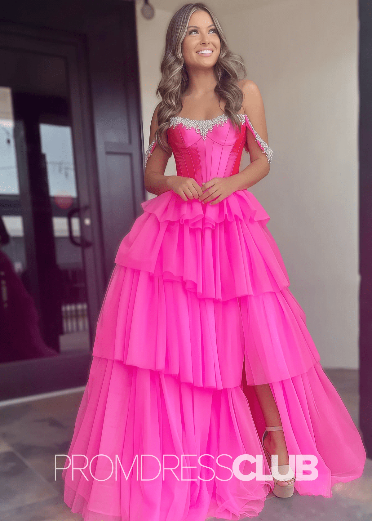 Daisy |Hot Pink Prom Dress Long A Line Tulle Tiered Corset Beaded with Slit - Hot Pink - PromDressClub