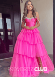 Daisy |Hot Pink Prom Dress Long A Line Tulle Tiered Corset Beaded with Slit - Hot Pink - PromDressClub