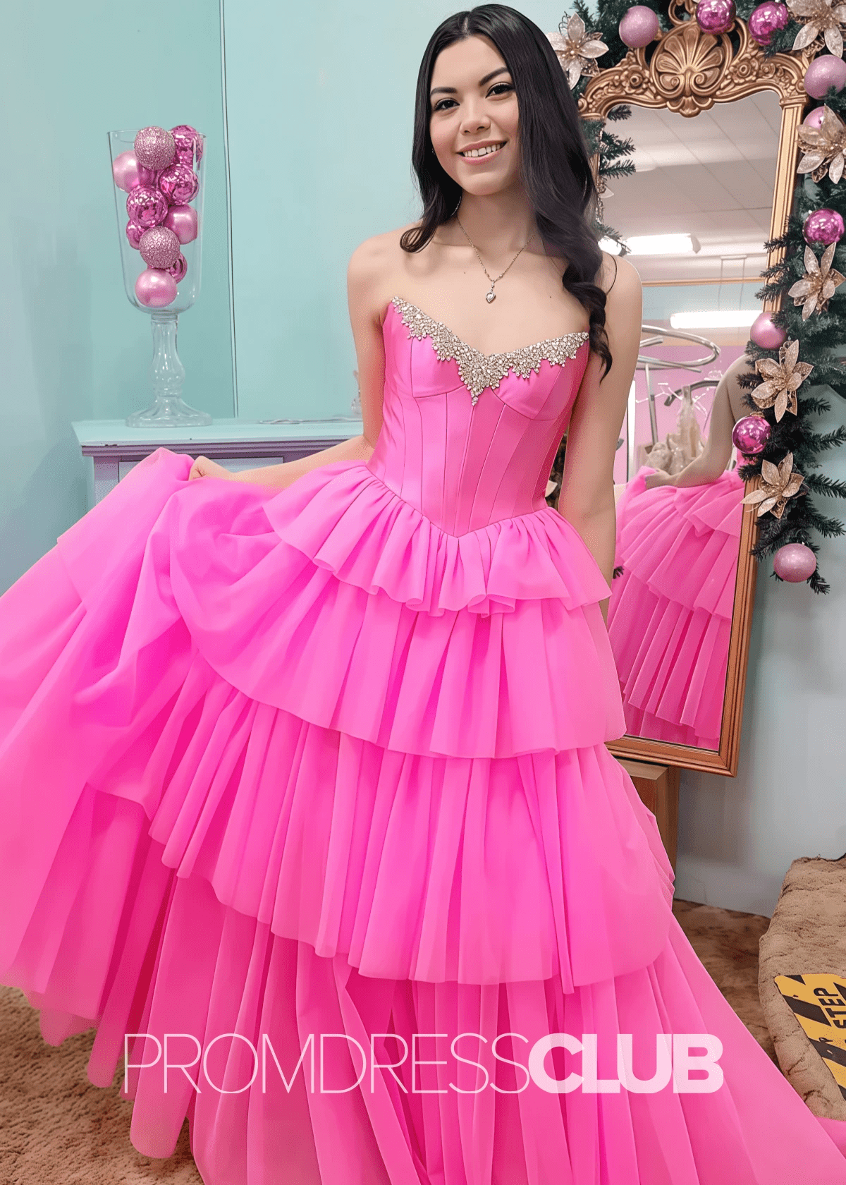 Daisy |Hot Pink Prom Dress Long A Line Tulle Tiered Corset Beaded with Slit - Hot Pink - PromDressClub