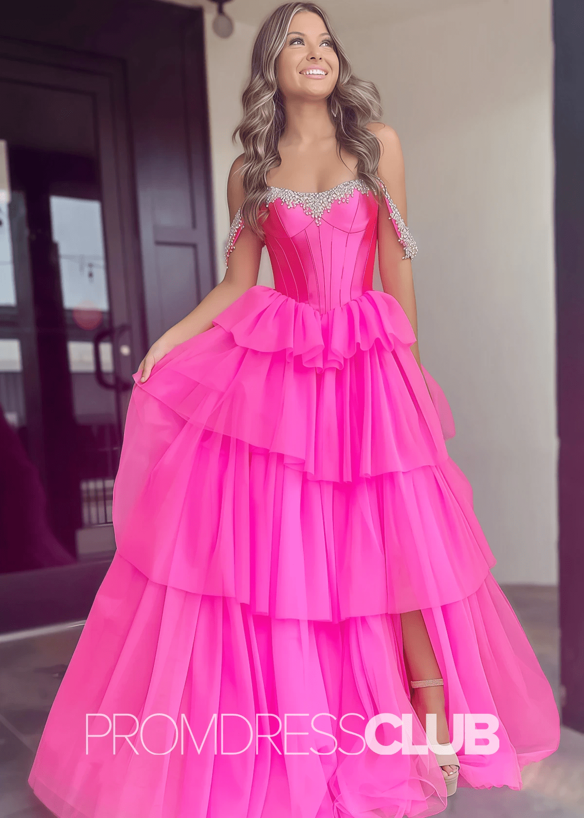 Daisy |Hot Pink Prom Dress Long A Line Tulle Tiered Corset Beaded with Slit - Hot Pink - PromDressClub