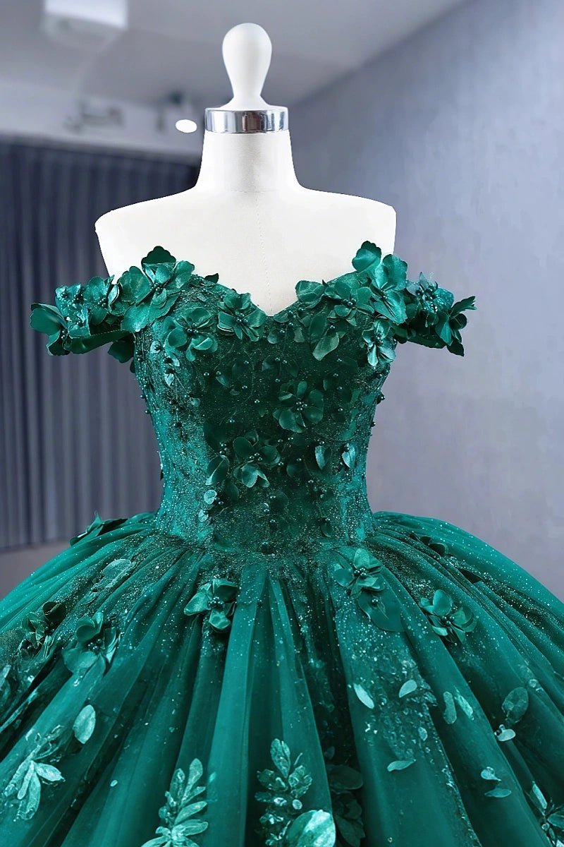 Daniela | Stunning Dark Green Flower Quinceanera Dresses - Off the Shoulder Sparkling Gown - Dark Green - PromDressClub