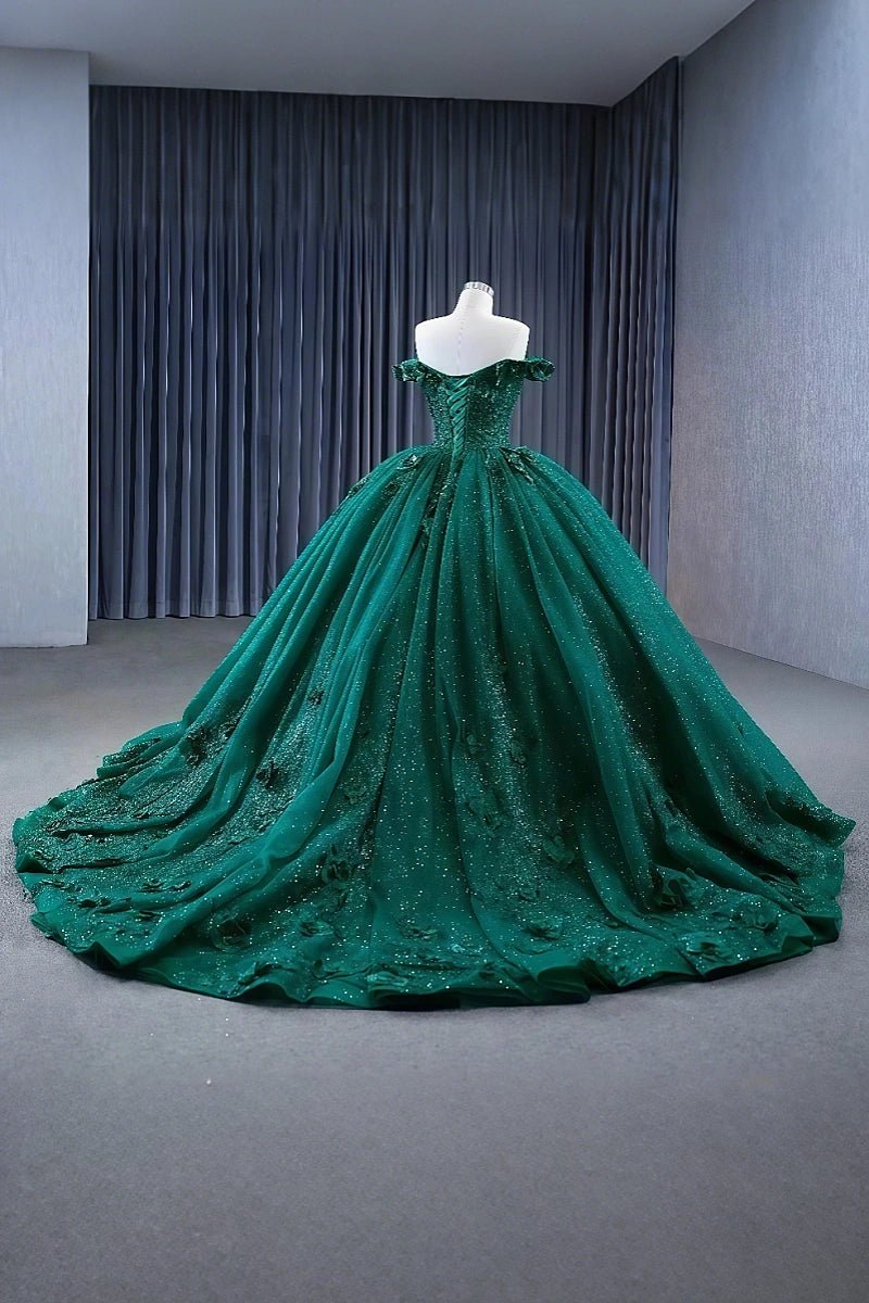 Daniela | Stunning Dark Green Flower Quinceanera Dresses - Off the Shoulder Sparkling Gown - Dark Green - PromDressClub