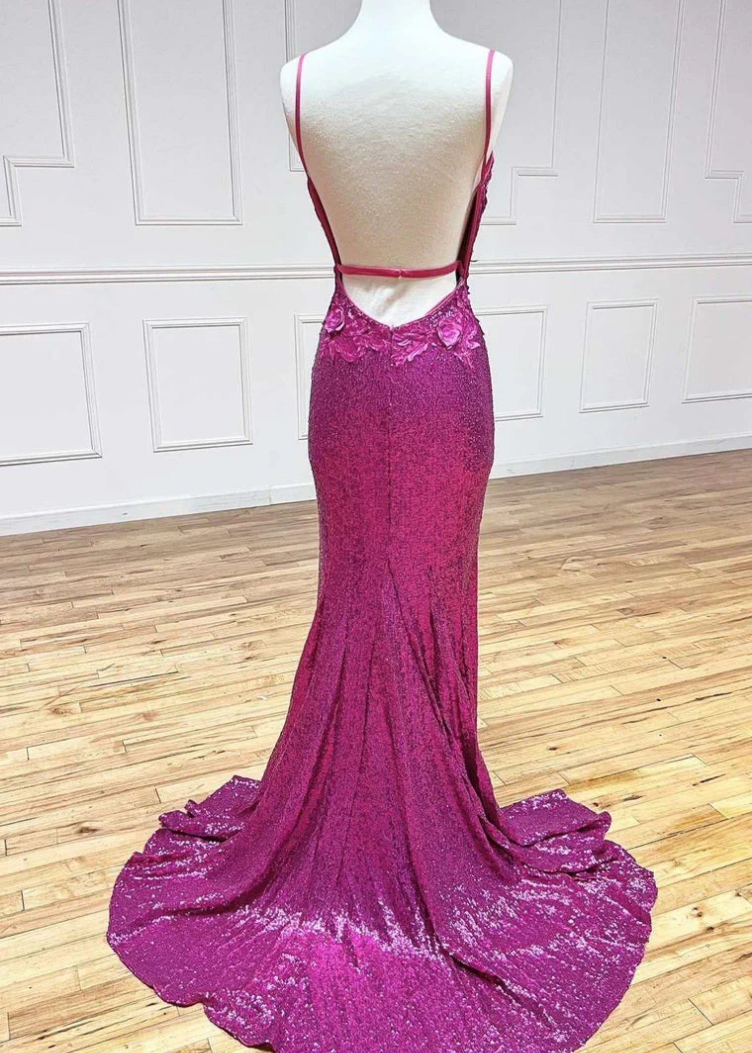 Daphne | Long Orange Prom Dress Sequins With Mermaid V Neck 3D Flower Slit - Fuchsia - US0 - PromDressClub