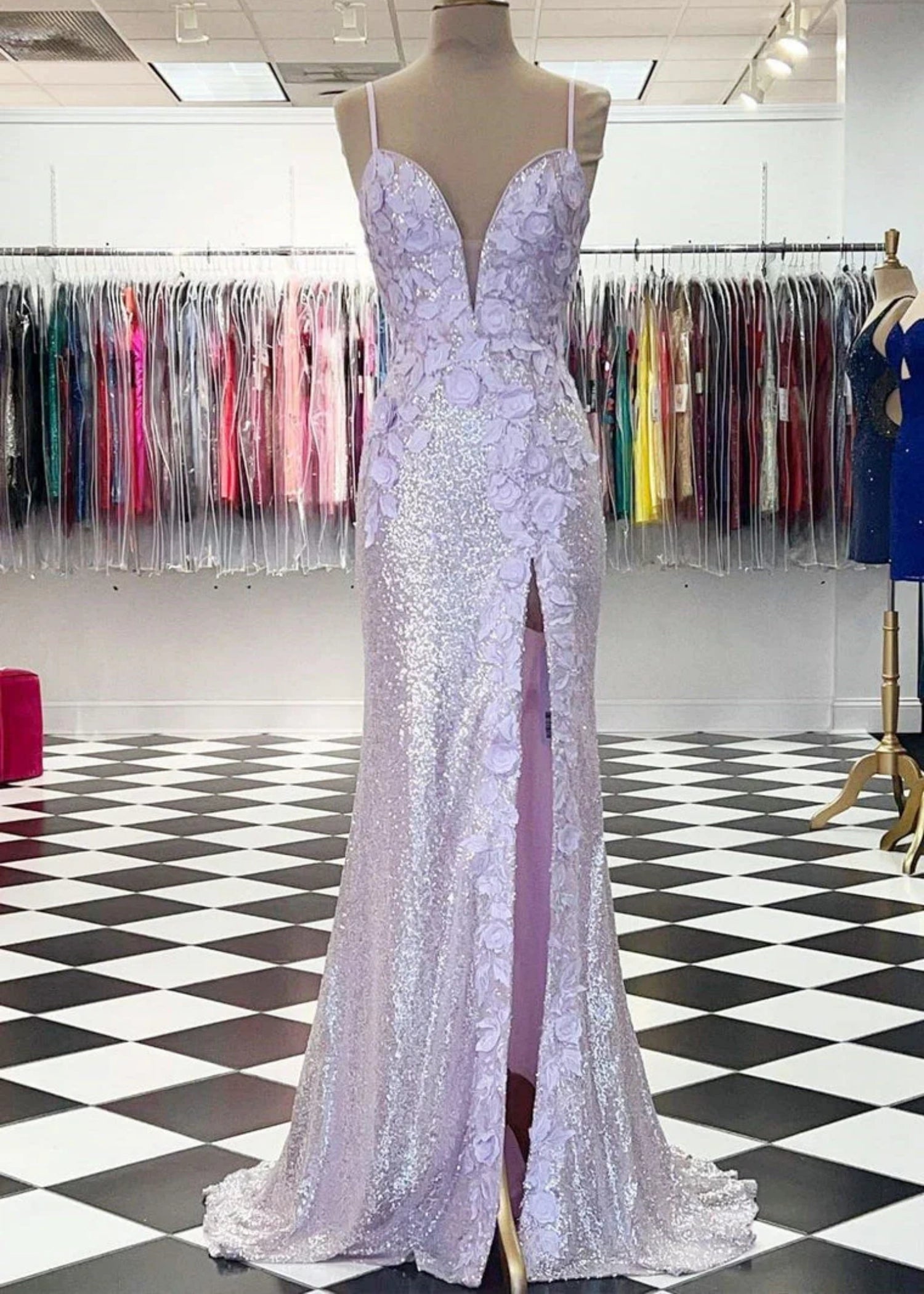 Daphne | Long Orange Prom Dress Sequins With Mermaid V Neck 3D Flower Slit - Lavender - US0 - PromDressClub