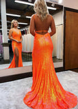 Daphne | Long Orange Prom Dress Sequins With Mermaid V Neck 3D Flower Slit - Orange - US0 - PromDressClub