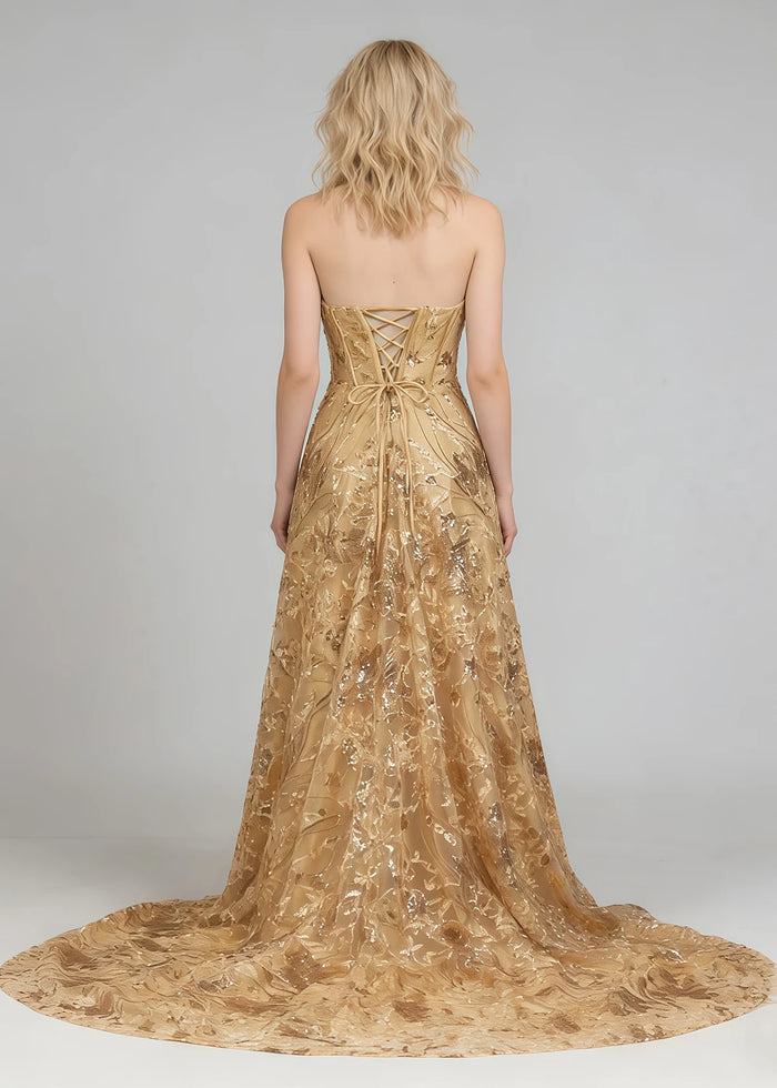 Dara Glitter Gold Strapless Prom Dress | A - Line Sweetheart Neckline Sequin Cocktail Dress with Slit - Gold - PromDressClub