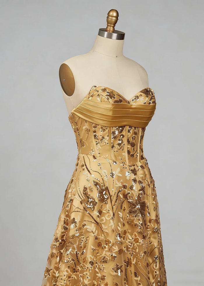 Dara Glitter Gold Strapless Prom Dress | A - Line Sweetheart Neckline Sequin Cocktail Dress with Slit - Gold - PromDressClub