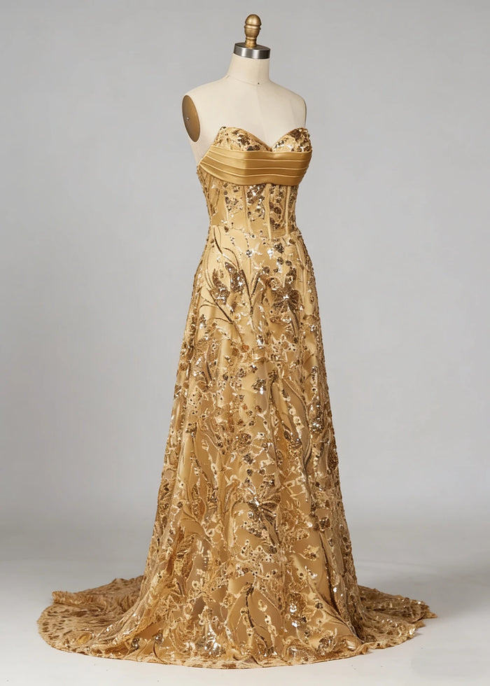 Dara Glitter Gold Strapless Prom Dress | A - Line Sweetheart Neckline Sequin Cocktail Dress with Slit - Gold - PromDressClub