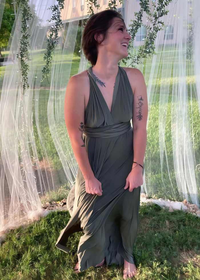 Debby | Elegant Infinity Dark Olive Green Chiffon Maxi Bridesmaid Dress with Multiway Convertible - Price #price_variant_lowest# - Olive Green - PromDressClub