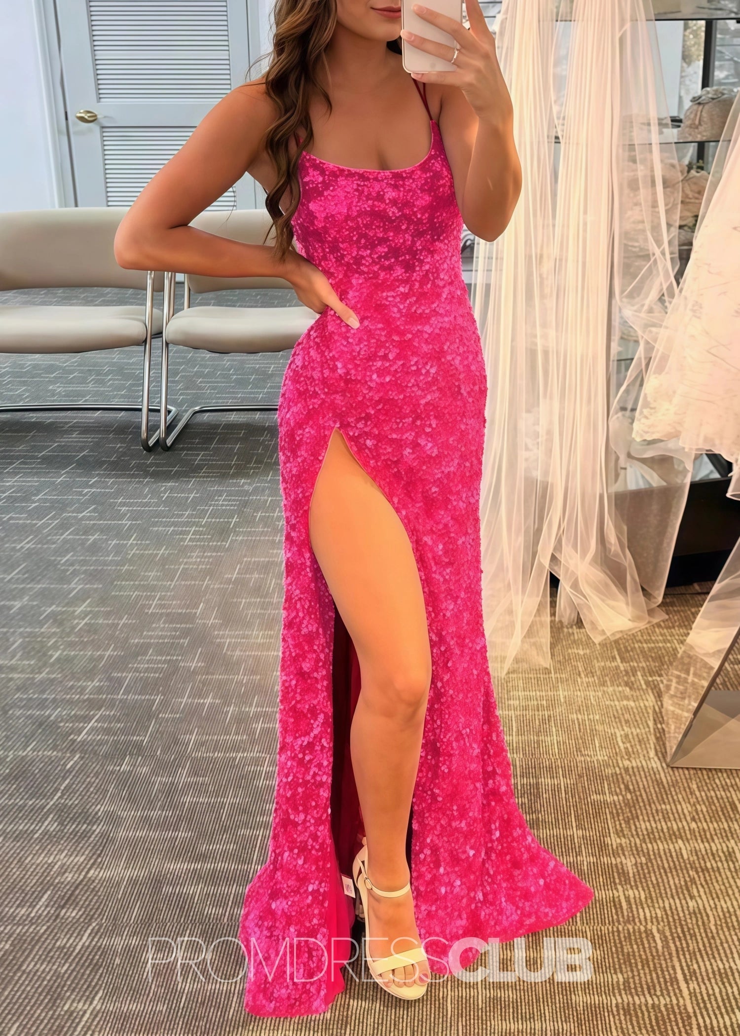 Deborah |Long Hot Pink Prom Dress Sequins With Meimaid Spaghetti Straps Slit - Hot Pink - US0 - PromDressClub