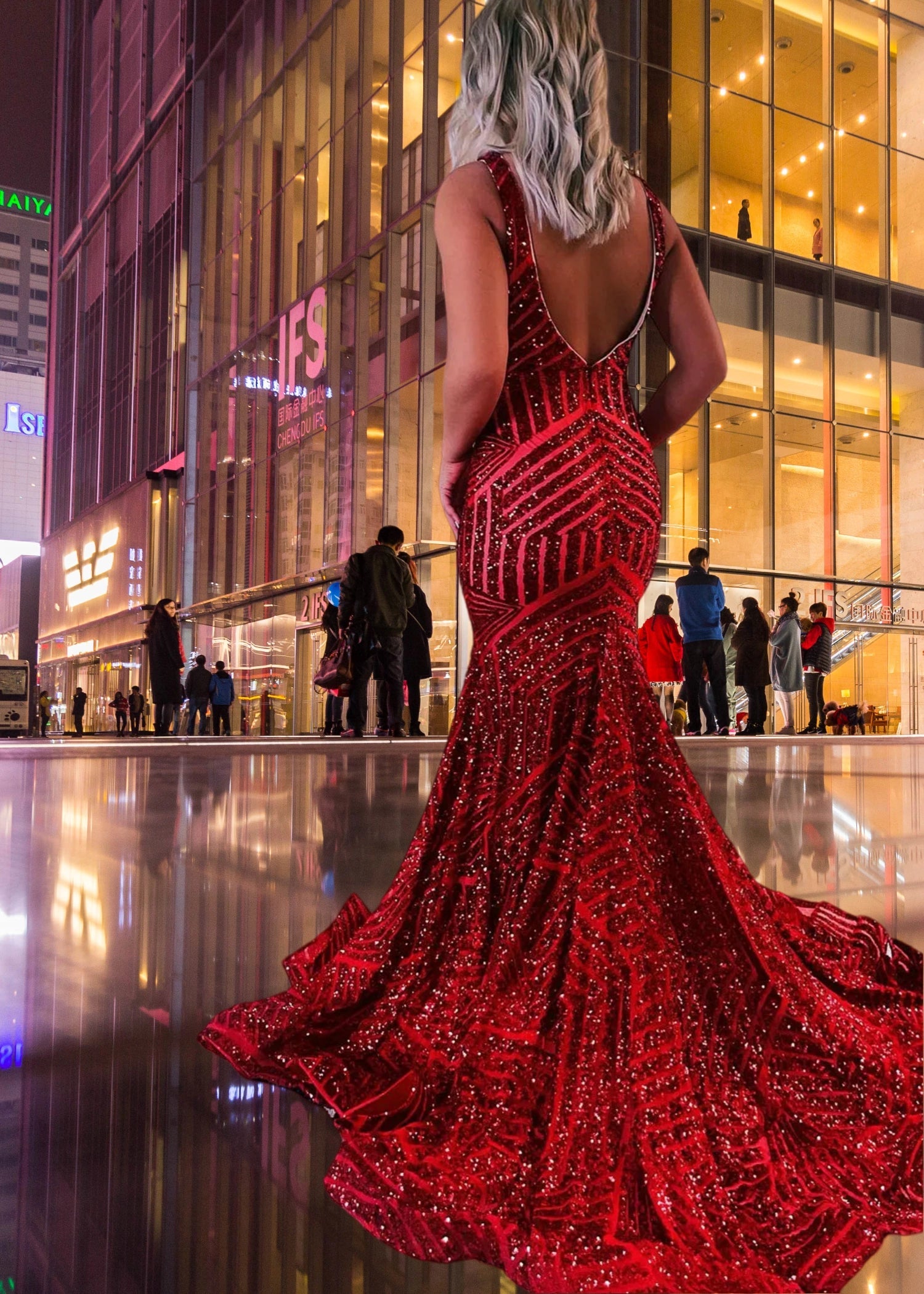 Joyce |Deep V Neck Mermaid Orange Sequins Long Prom Dress with Open Back - Burgundy - US0 - PromDressClub