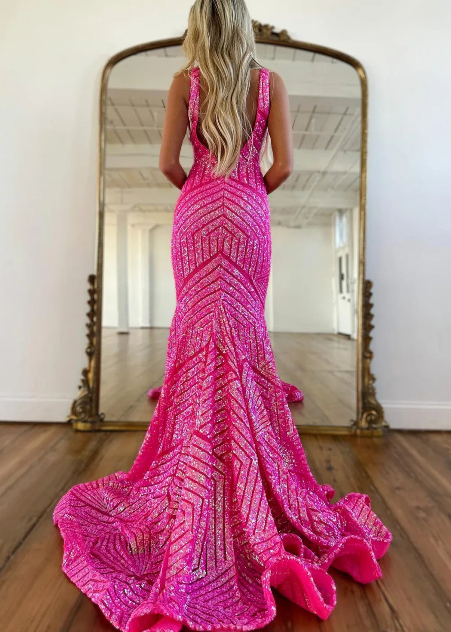 Joyce |Deep V Neck Mermaid Orange Sequins Long Prom Dress with Open Back - Fuchsia - US0 - PromDressClub