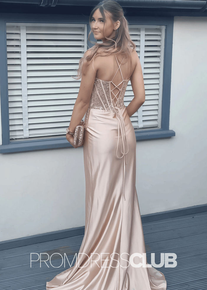 Deirdre |Royal Blue Prom Dresses Long Mermaid Sweetheart Sparkly Corset Pleated with Slit - Price #price_variant_lowest# - Champagne - PromDressClub