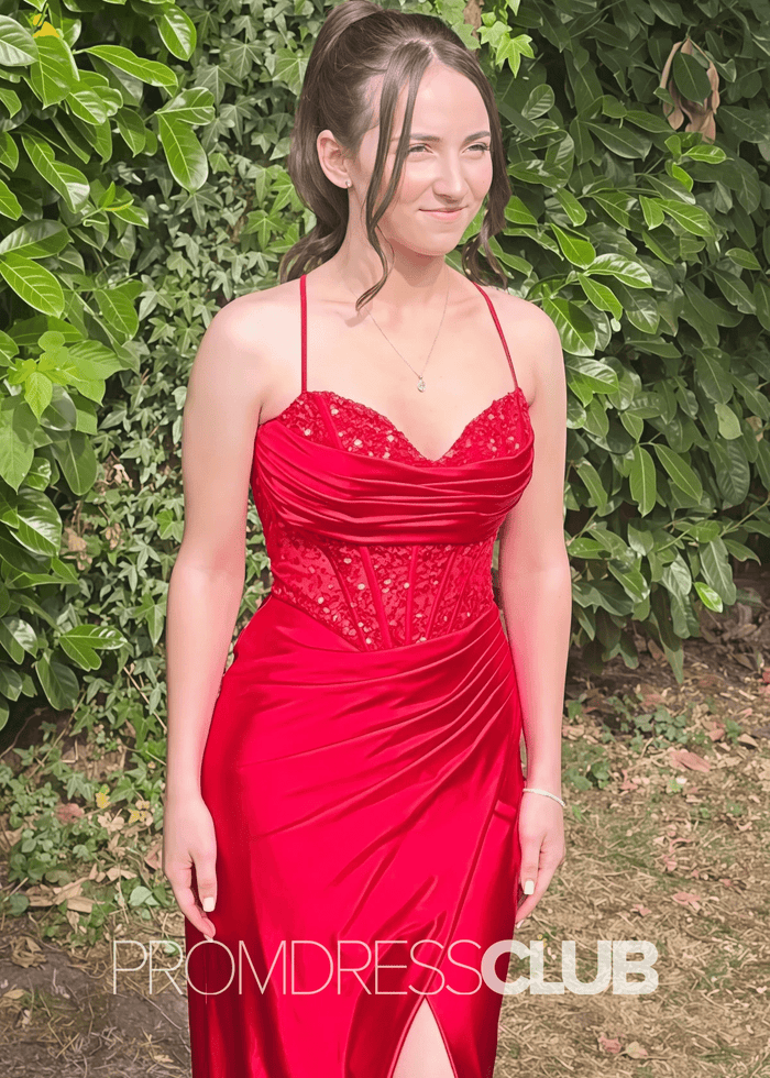 Deirdre |Royal Blue Prom Dresses Long Mermaid Sweetheart Sparkly Corset Pleated with Slit - Red - PromDressClub