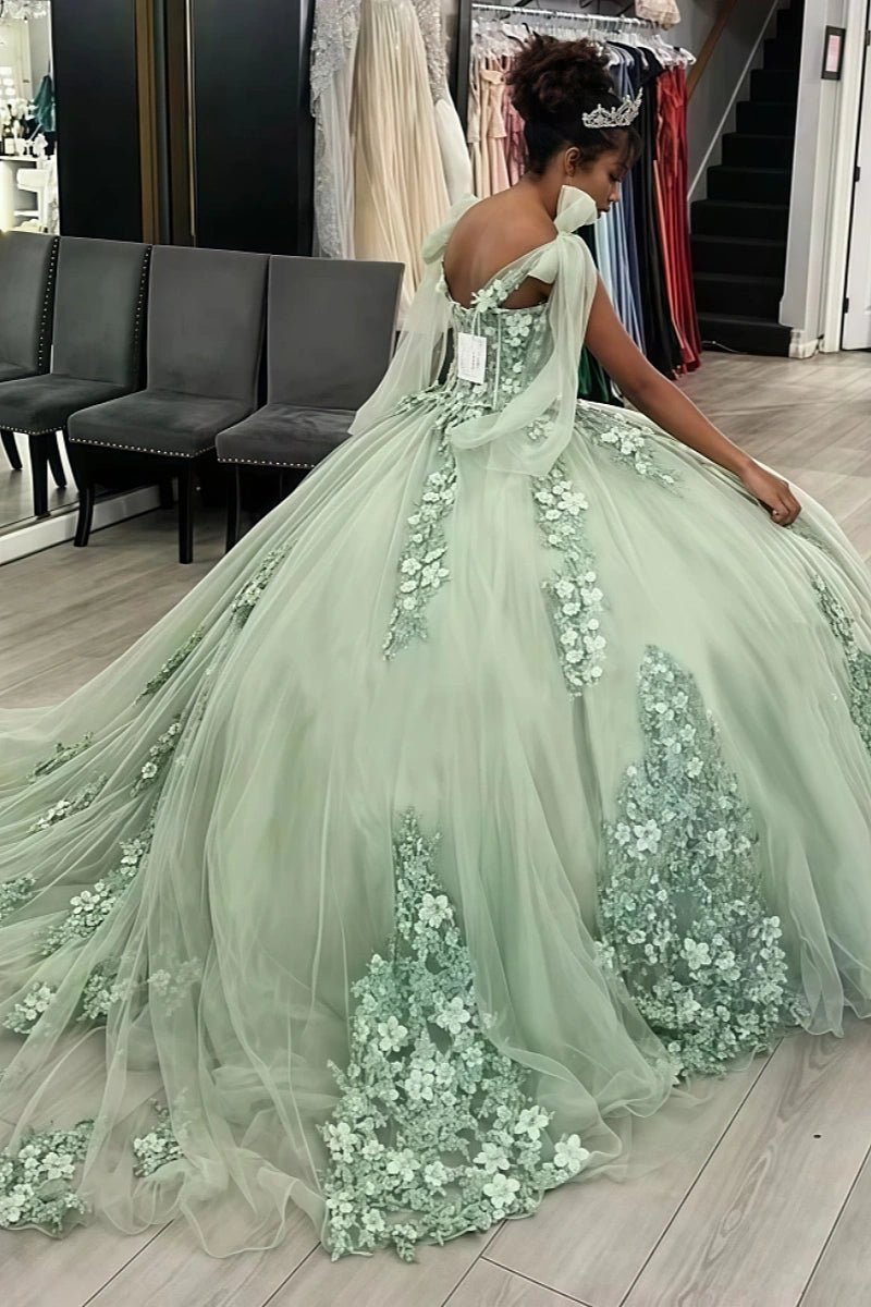 Delia | Sage Green Flower Quinceanera Dresses with Bows – Perfect for Memorable Celebrations - Sage - PromDressClub