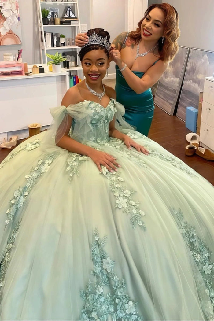 Delia | Sage Green Flower Quinceanera Dresses with Bows – Perfect for Memorable Celebrations - Sage - PromDressClub