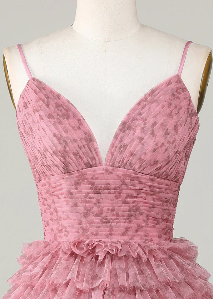 Demelza | Stunning Pink Homecoming Dress: V - Neck & Layered Ruffled Tulle - Blush Floral - PromDressClub